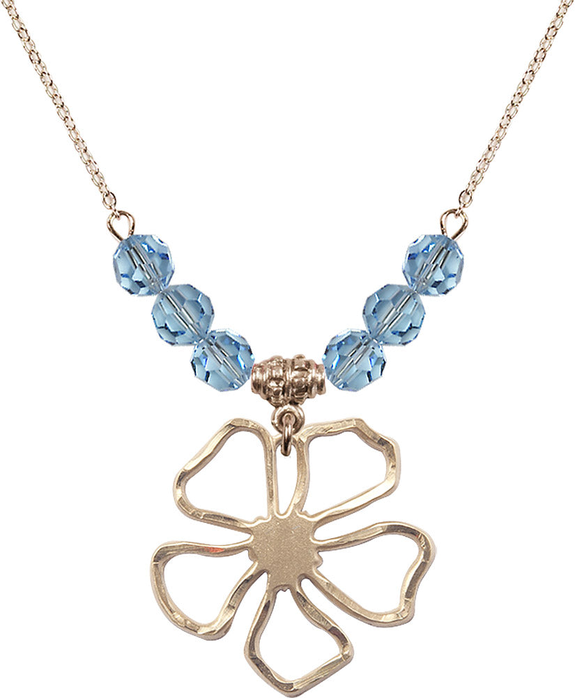 14kt Gold Filled Five Pedal Flower Birthstone Necklace with Aqua Beads - 5109