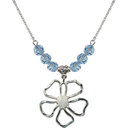Sterling Silver Five Pedal Flower Birthstone Necklace with Aqua Beads - 5109