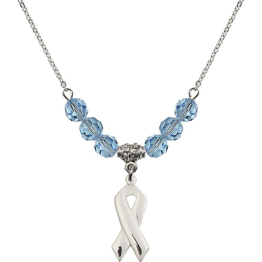 Sterling Silver Cancer Awareness Birthstone Necklace with Aqua Beads - 5150