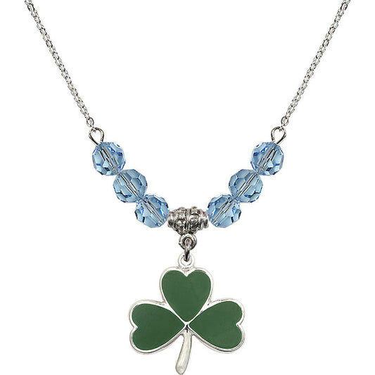 Sterling Silver Shamrock Birthstone Necklace with Aqua Beads - 5248
