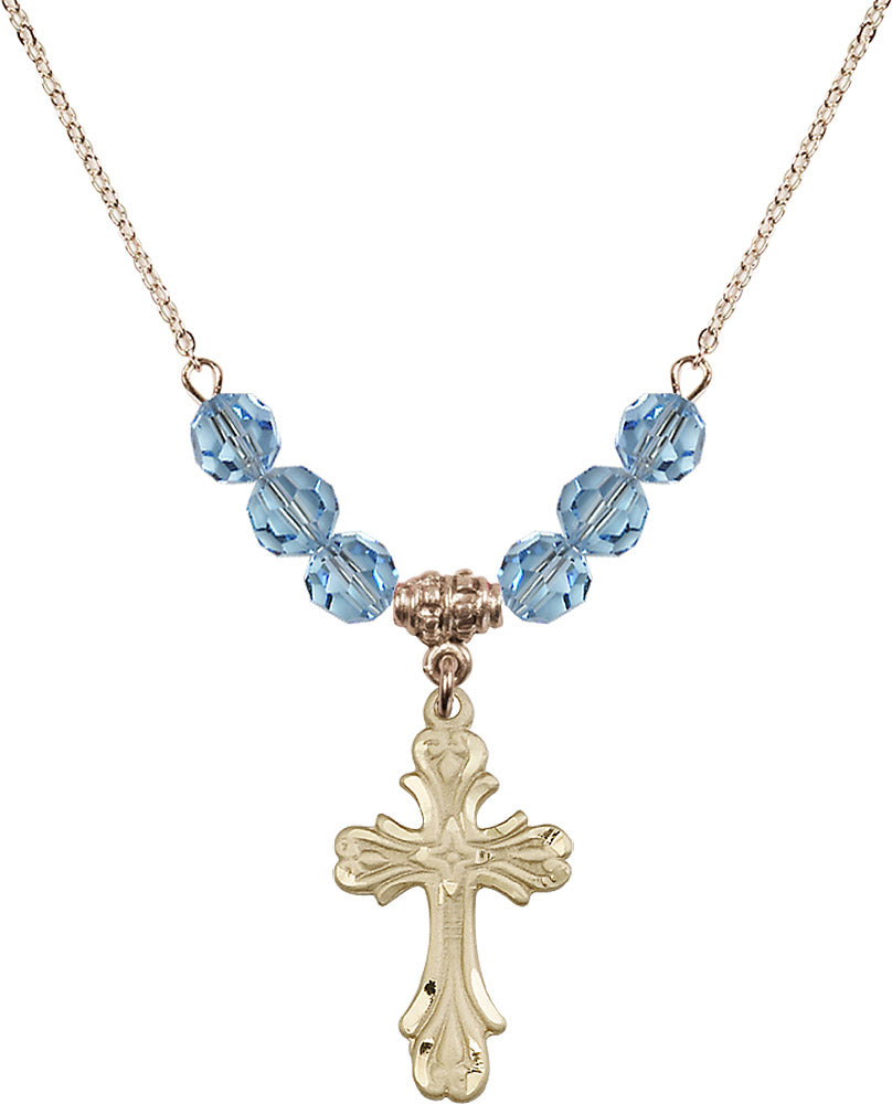 14kt Gold Filled Cross Birthstone Necklace with Aqua Beads - 5419