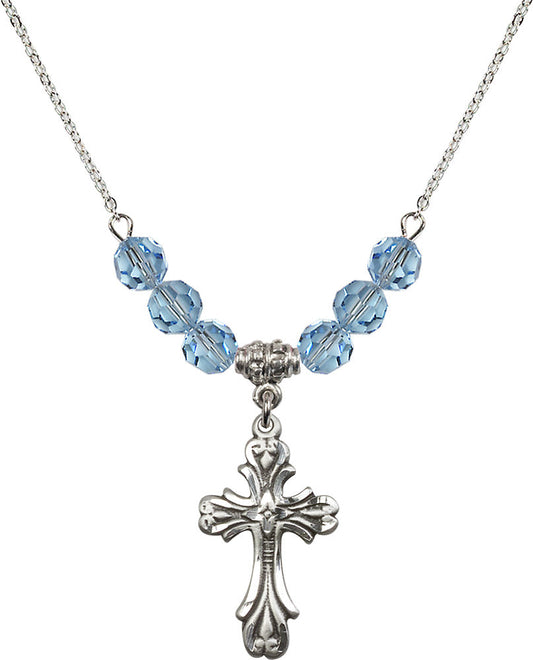 Sterling Silver Cross Birthstone Necklace with Aqua Beads - 5419
