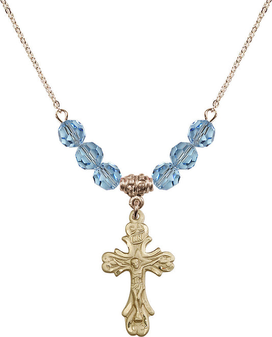 14kt Gold Filled Crucifix Birthstone Necklace with Aqua Beads - 5421