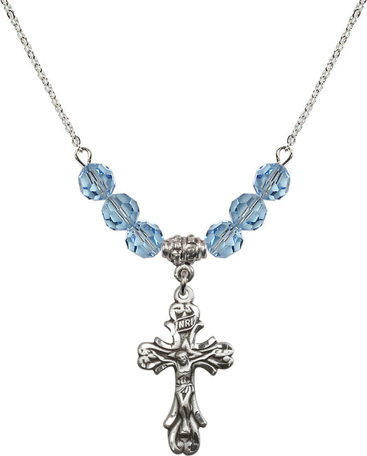 Sterling Silver Crucifix Birthstone Necklace with Aqua Beads - 5421