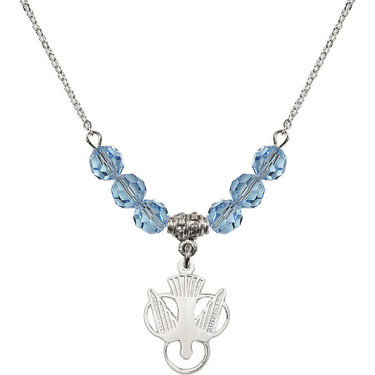 Sterling Silver Holy Spirit Birthstone Necklace with Aqua Beads - 5430