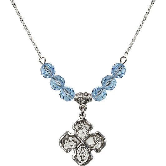 Sterling Silver 4-Way Birthstone Necklace with Aqua Beads - 5441