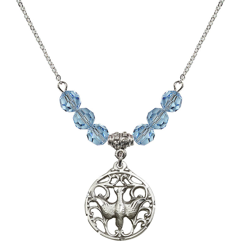 Sterling Silver Holy Spirit Birthstone Necklace with Aqua Beads - 5655