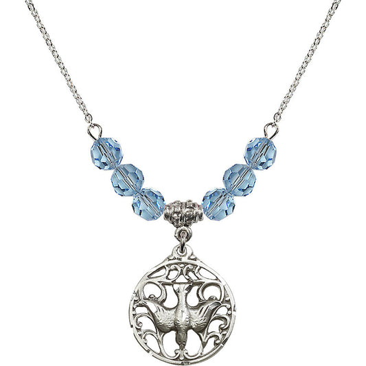 Sterling Silver Holy Spirit Birthstone Necklace with Aqua Beads - 5655