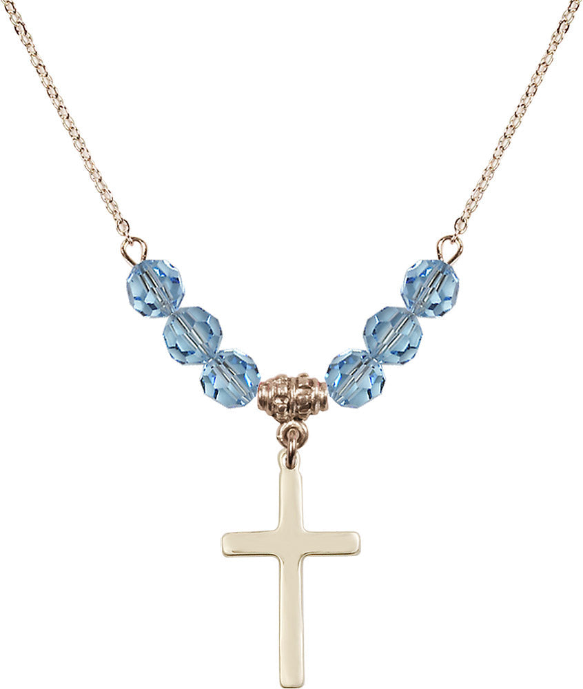 14kt Gold Filled Cross Birthstone Necklace with Aqua Beads - 5670
