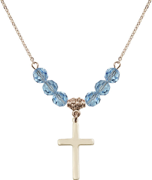 14kt Gold Filled Cross Birthstone Necklace with Aqua Beads - 5670