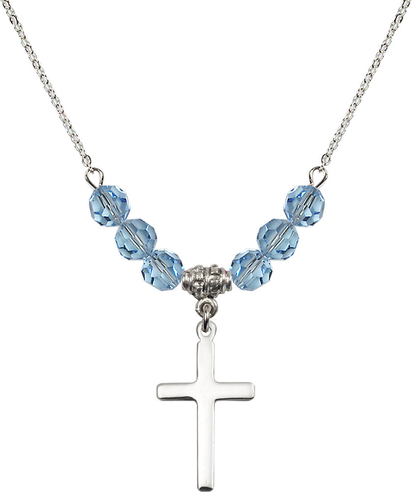 Sterling Silver Cross Birthstone Necklace with Aqua Beads - 5670