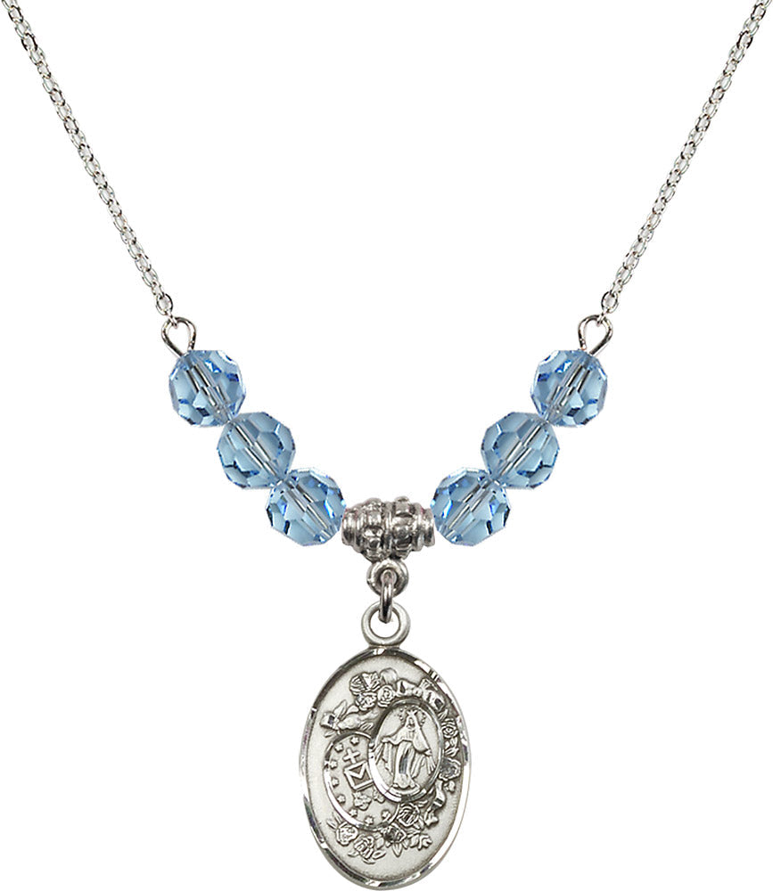 Sterling Silver Miraculous Birthstone Necklace with Aqua Beads - 5682
