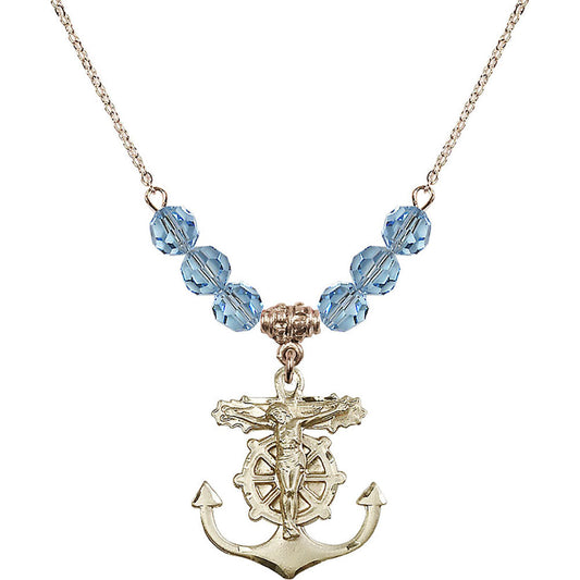 14kt Gold Filled Anchor Crucifix Birthstone Necklace with Aqua Beads - 5685