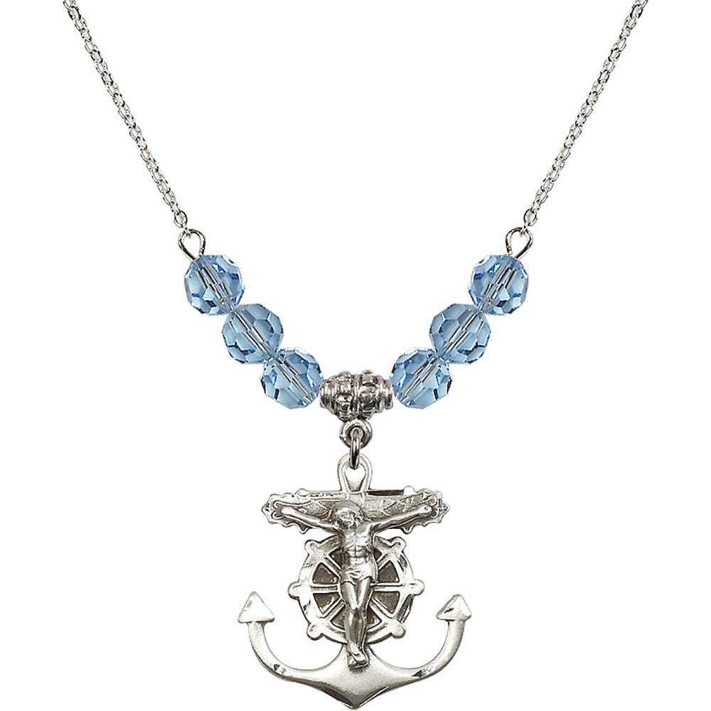 Sterling Silver Anchor Crucifix Birthstone Necklace with Aqua Beads - 5685