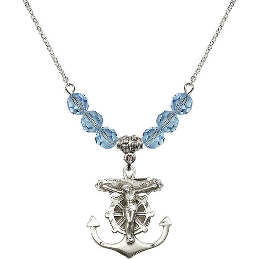 Sterling Silver Anchor Crucifix Birthstone Necklace with Aqua Beads - 5685