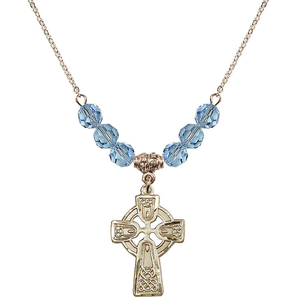 14kt Gold Filled Celtic Cross Birthstone Necklace with Aqua Beads - 5689