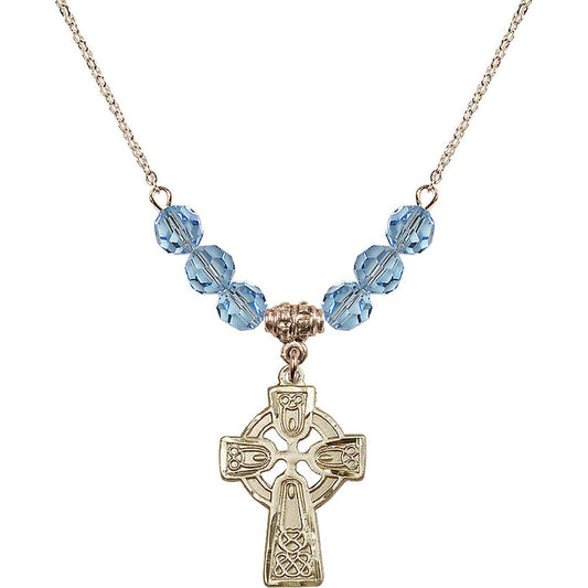 14kt Gold Filled Celtic Cross Birthstone Necklace with Aqua Beads - 5689