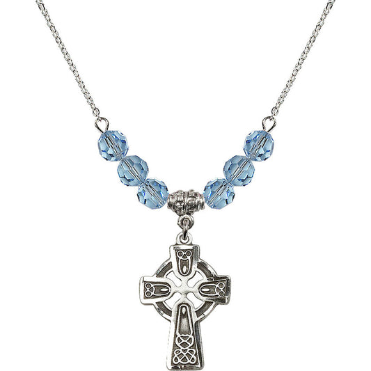 Sterling Silver Celtic Cross Birthstone Necklace with Aqua Beads - 5689