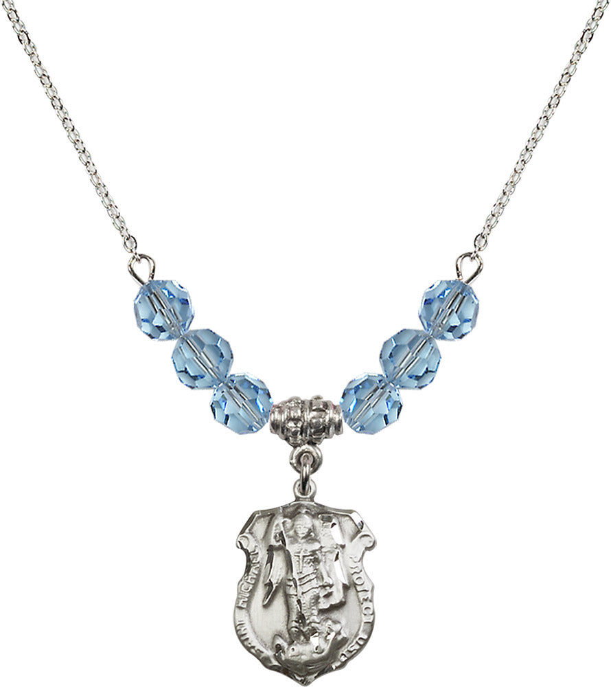 Sterling Silver Saint Michael the Archangel Birthstone Necklace with Aqua Beads - 5692