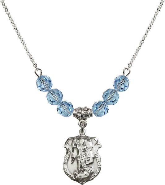 Sterling Silver Saint Michael the Archangel Birthstone Necklace with Aqua Beads - 5692