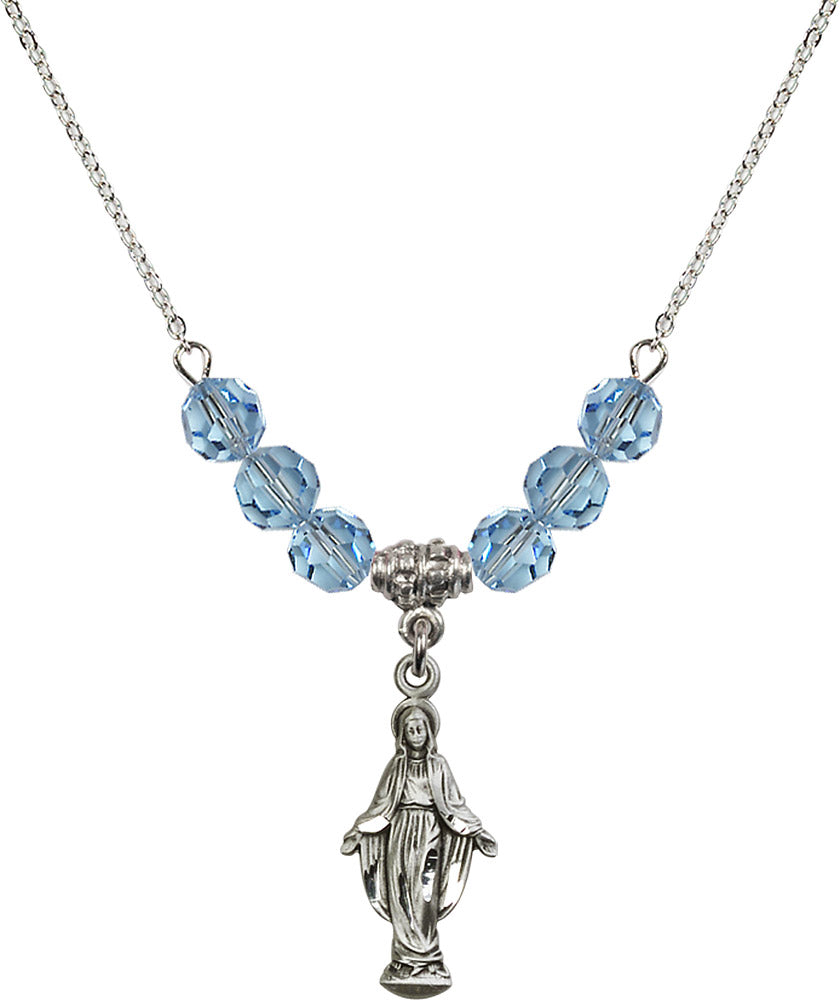 Sterling Silver Miraculous Birthstone Necklace with Aqua Beads - 5900