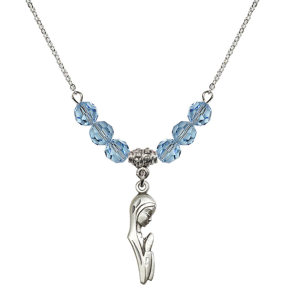 Sterling Silver Madonna Birthstone Necklace with Aqua Beads - 5907