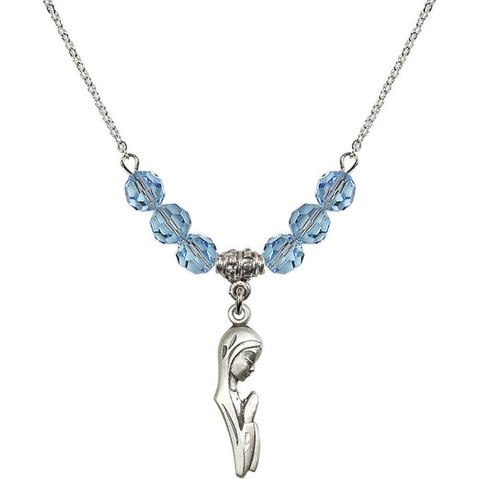 Sterling Silver Madonna Birthstone Necklace with Aqua Beads - 5907