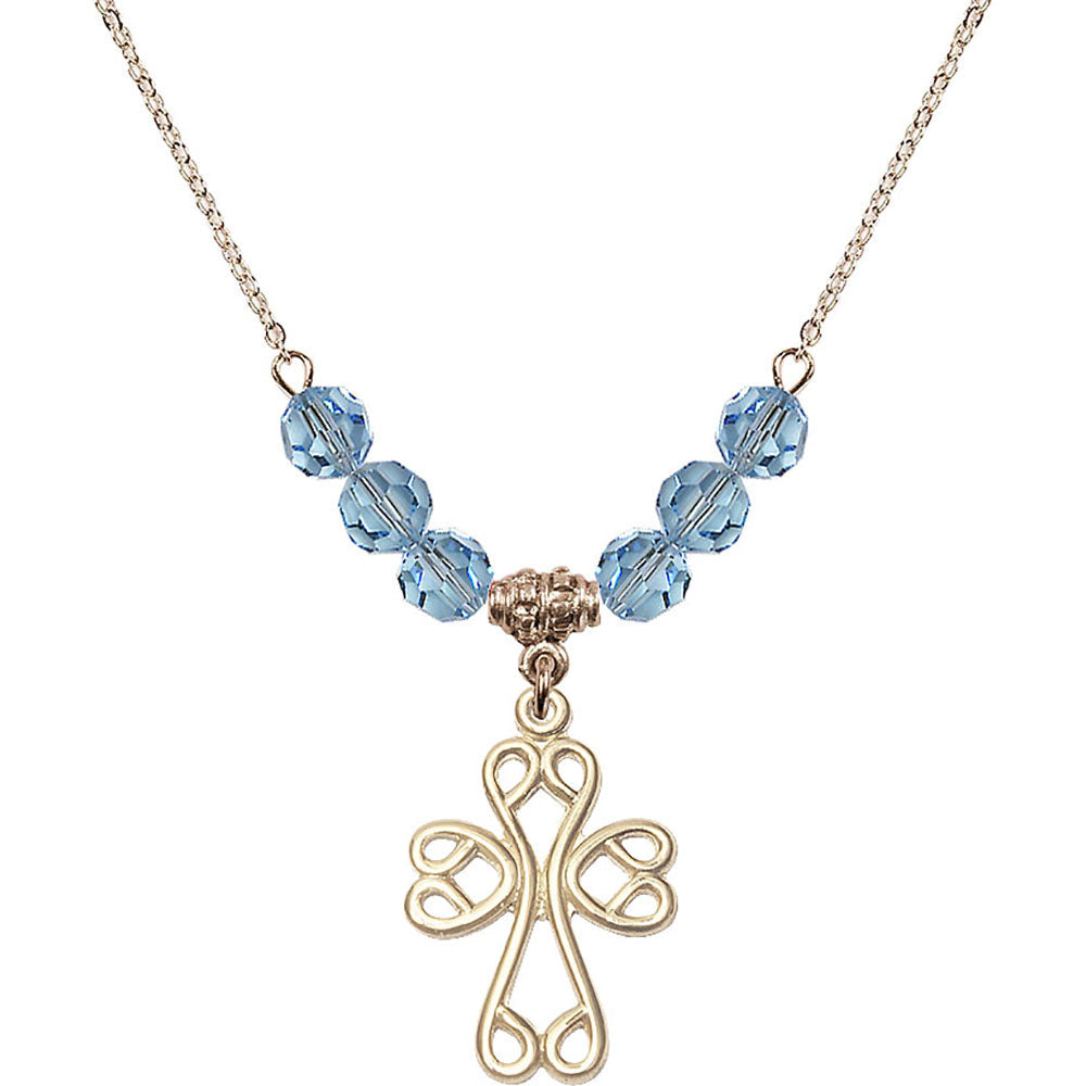 14kt Gold Filled Scroll Cross Birthstone Necklace with Aqua Beads - 5998