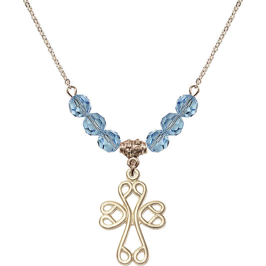 14kt Gold Filled Scroll Cross Birthstone Necklace with Aqua Beads - 5998