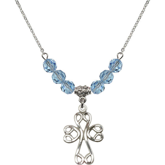 Sterling Silver Scroll Cross Birthstone Necklace with Aqua Beads - 5998