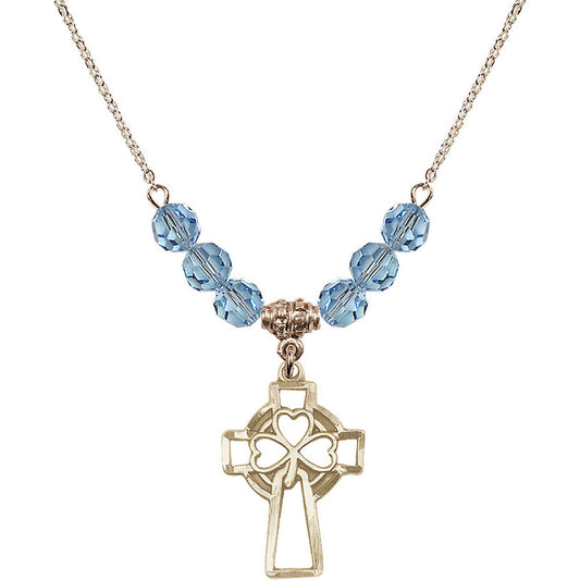14kt Gold Filled Shamrock Cross Birthstone Necklace with Aqua Beads - 5999