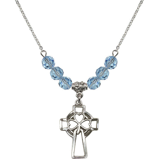 Sterling Silver Shamrock Cross Birthstone Necklace with Aqua Beads - 5999