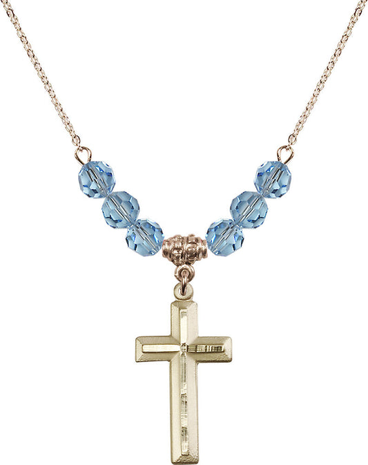 14kt Gold Filled Cross Birthstone Necklace with Aqua Beads - 6000