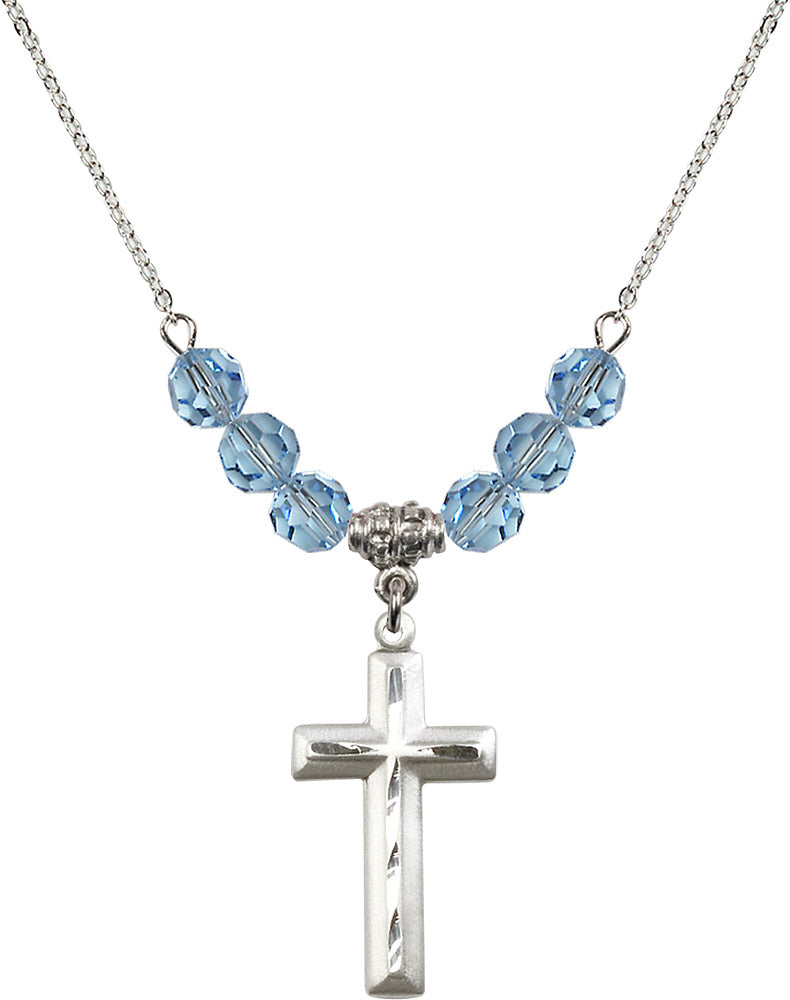 Sterling Silver Cross Birthstone Necklace with Aqua Beads - 6000