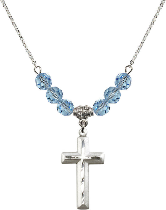 Sterling Silver Cross Birthstone Necklace with Aqua Beads - 6000