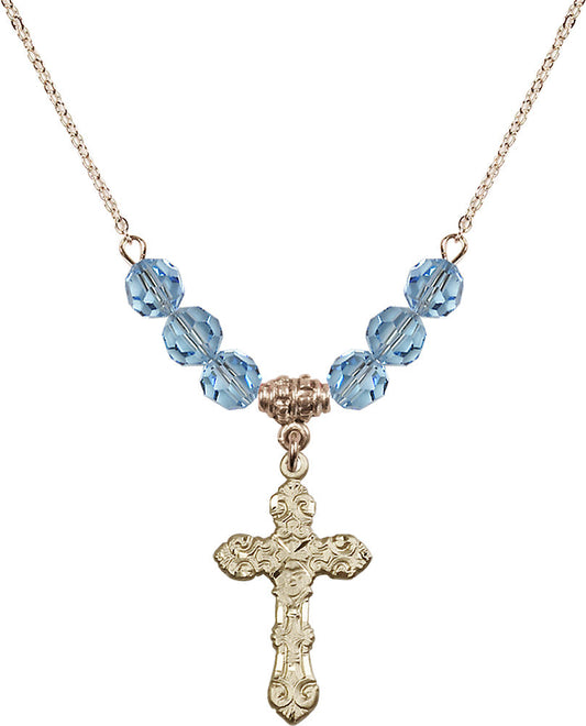 14kt Gold Filled Cross Birthstone Necklace with Aqua Beads - 6001