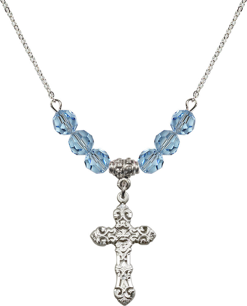 Sterling Silver Cross Birthstone Necklace with Aqua Beads - 6001