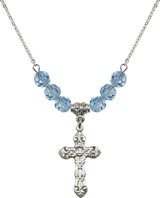 Sterling Silver Cross Birthstone Necklace with Aqua Beads - 6001