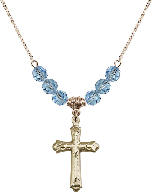 14kt Gold Filled Cross Birthstone Necklace with Aqua Beads - 6007