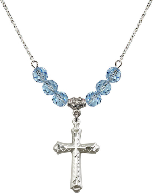 Sterling Silver Cross Birthstone Necklace with Aqua Beads - 6007