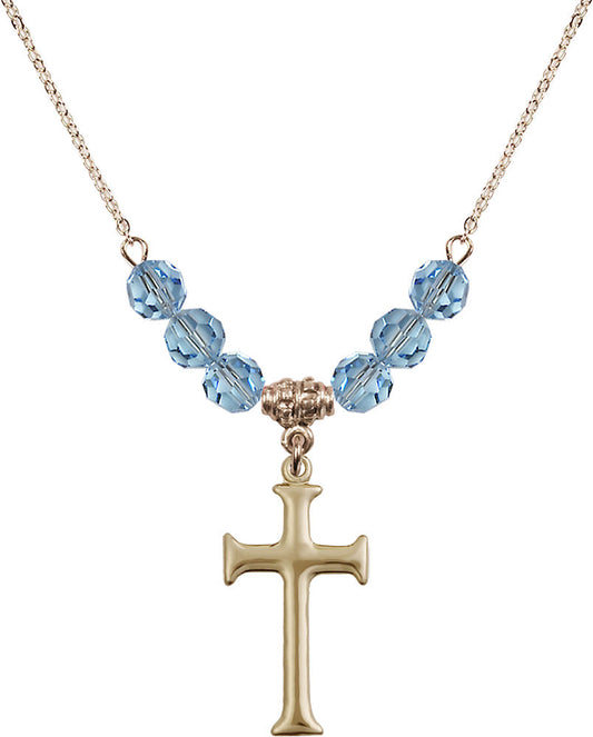 14kt Gold Filled Cross Birthstone Necklace with Aqua Beads - 6008