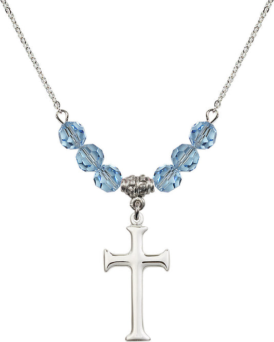 Sterling Silver Cross Birthstone Necklace with Aqua Beads - 6008