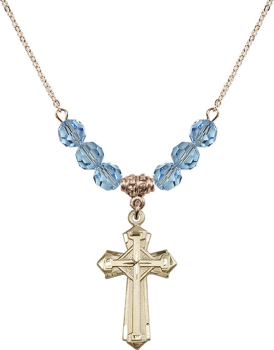 14kt Gold Filled Cross Birthstone Necklace with Aqua Beads - 6012
