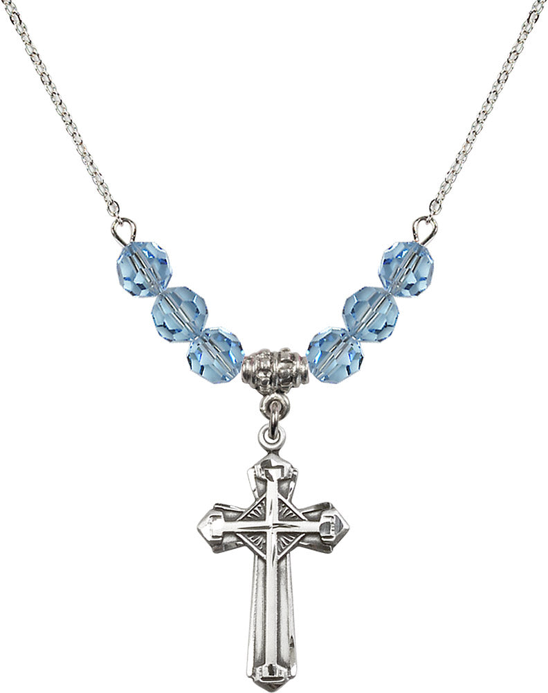 Sterling Silver Cross Birthstone Necklace with Aqua Beads - 6012