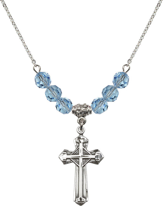 Sterling Silver Cross Birthstone Necklace with Aqua Beads - 6012