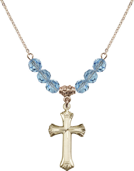 14kt Gold Filled Cross Birthstone Necklace with Aqua Beads - 6013