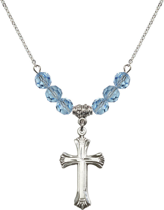 Sterling Silver Cross Birthstone Necklace with Aqua Beads - 6013