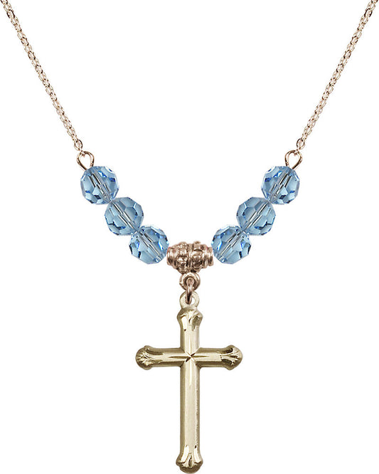 14kt Gold Filled Cross Birthstone Necklace with Aqua Beads - 6022