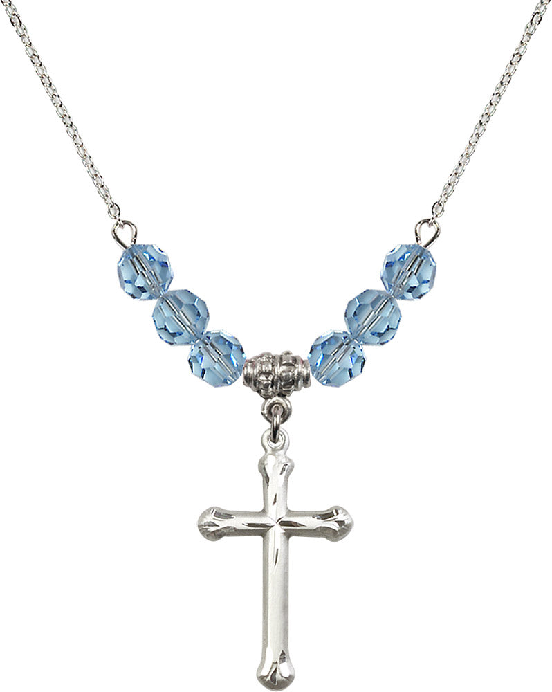 Sterling Silver Cross Birthstone Necklace with Aqua Beads - 6022