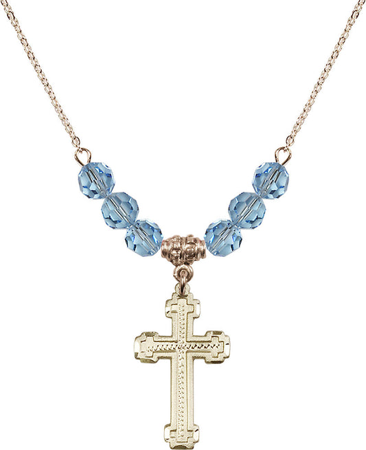 14kt Gold Filled Cross Birthstone Necklace with Aqua Beads - 6039